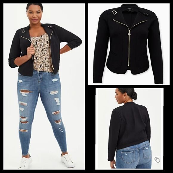6X 30W Torrid Black Motorcycle Ponte Jacket Stretch Gold Full Zip Layering Short - Picture 1 of 12